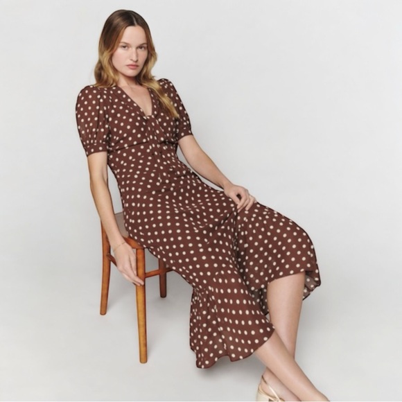 Reformation Reeds Au Lait Brown Polka Dot Midi Dress - Picture 2 of 9